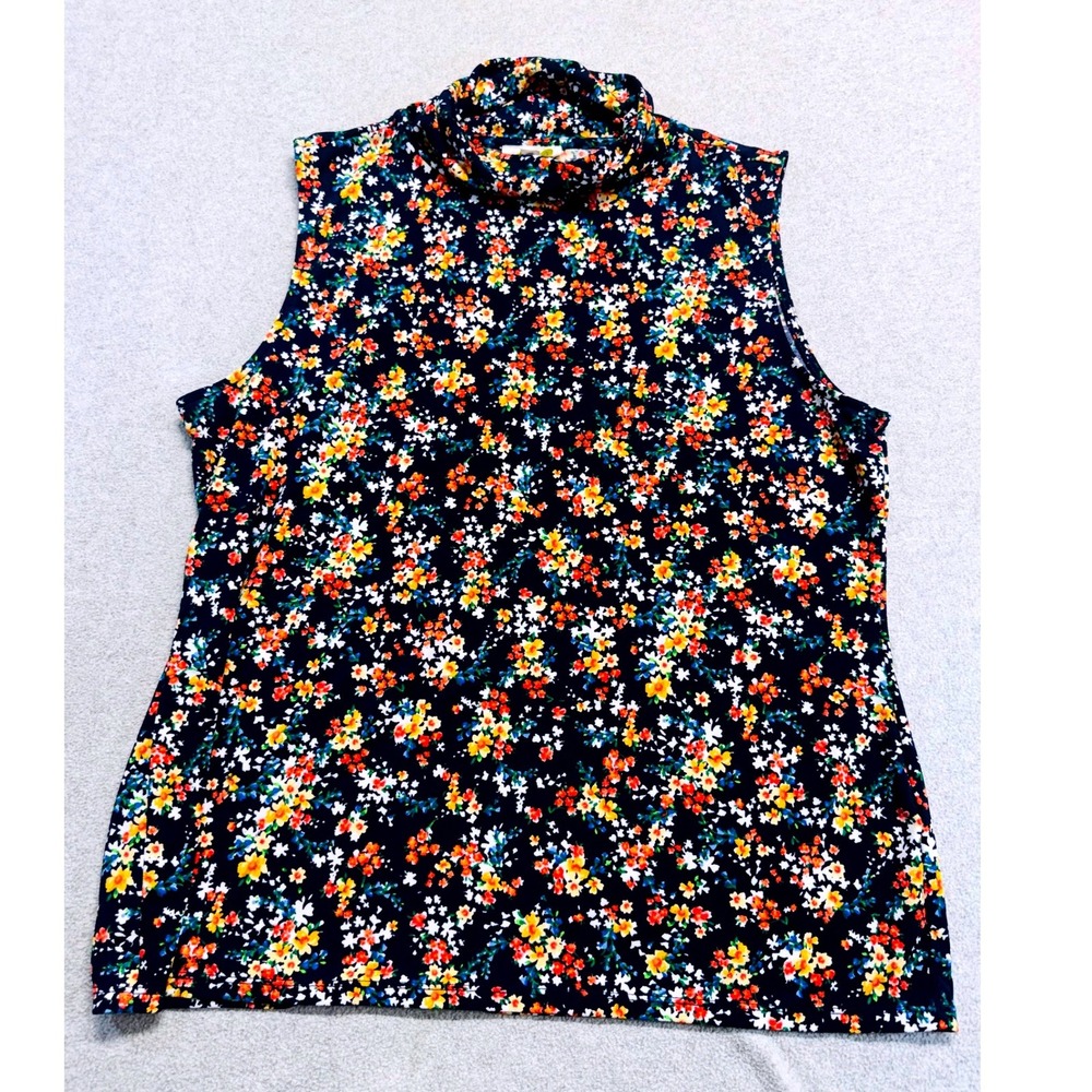 Riley & Rae Mock Neck Top Womens Large Navy Blue Floral Sleeveless Knit Shell
